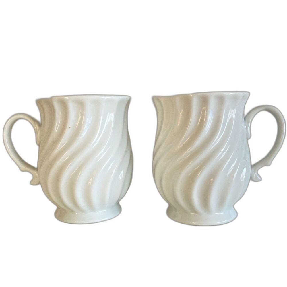SWIRL Ceramic Pedestal Mugs Footed with Handle Vintage White Set of Two
